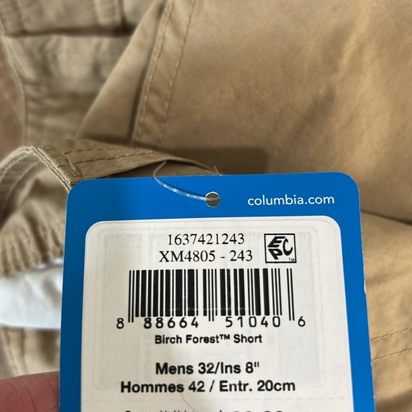 Columbia New With Tags Mens Birch Forest Shorts size 32W 8”L Tan/Khaki color - Picture 8 of 8